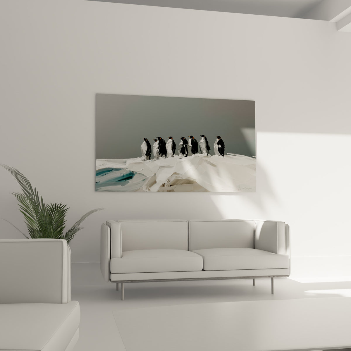 Rangée de manchots anthracite et blanc sur banquise peinte, disposée au-dessus d'un canapé dans un salon lumineux