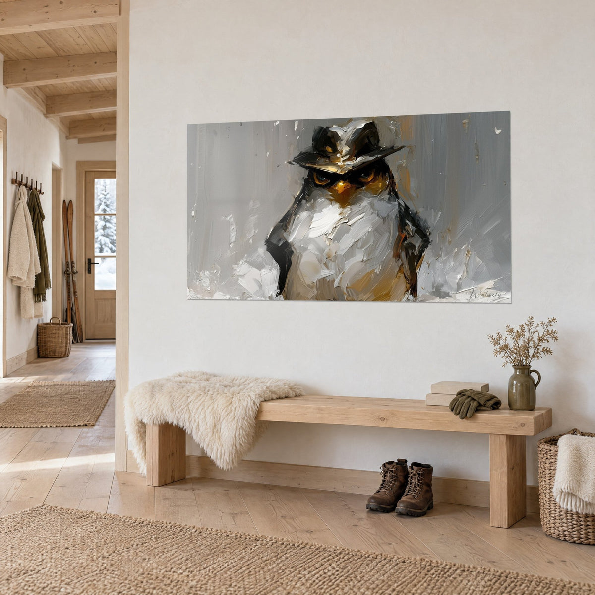 Tableau oiseau polaire au regard noir sous un feutre sombre, ventre blanc épais, fond gris, au-dessus d'un banc en bois dans un chalet