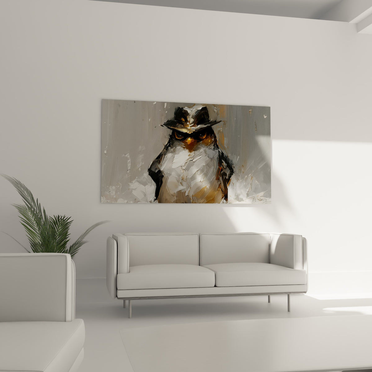 Portrait expressif d'un pingouin au chapeau noir, nuances anthracite et dorées, au-dessus d'un canapé dans un salon lumineux