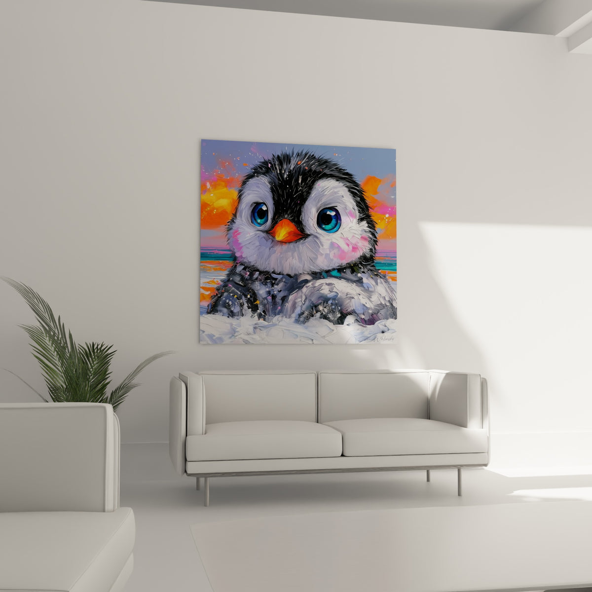 Jeune pingouin au plumage gris ardoise et rose pastel, suspendu au-dessus d'un canapé dans un salon lumineux