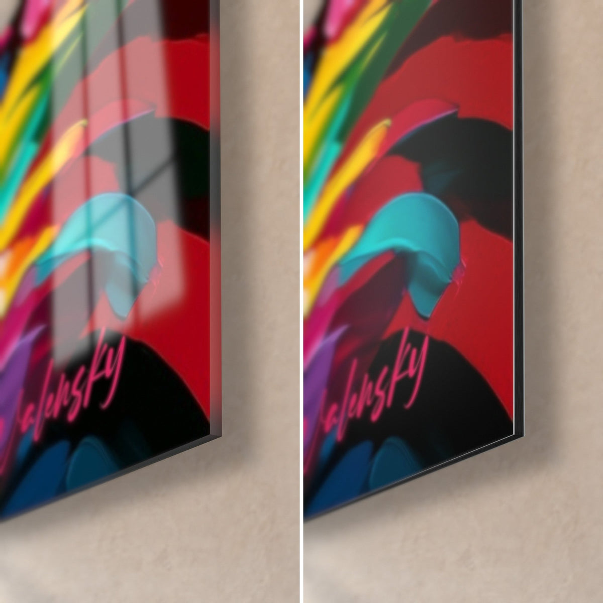 Schilderij pinguïn met turquoise en rood verenkleed, rechtsonder in beeld, glanzend glas links, mat Dibond rechts, rand van 3 mm