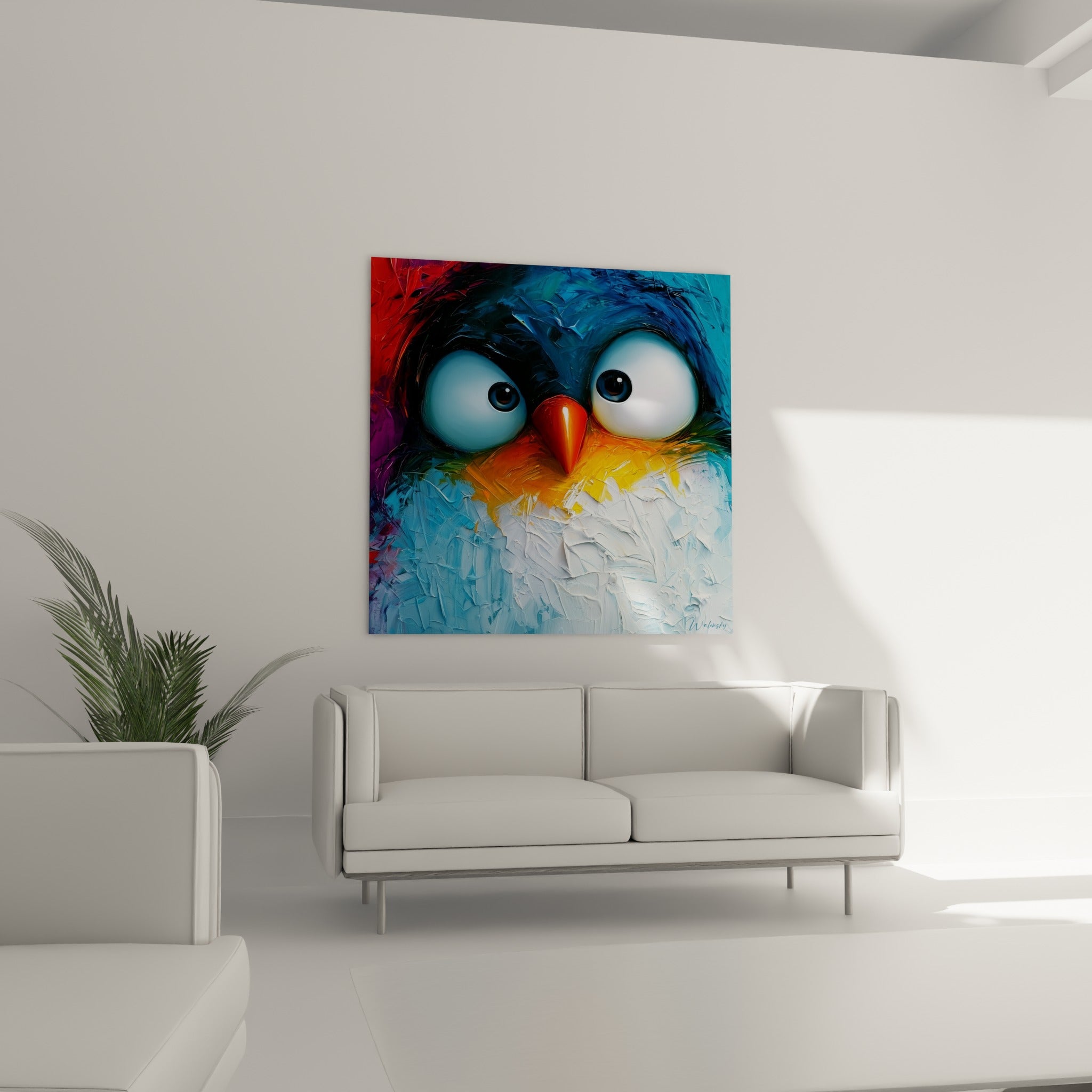 Plumage bleu marine et orange du pingouin au-dessus d'un canapé dans un salon lumineux