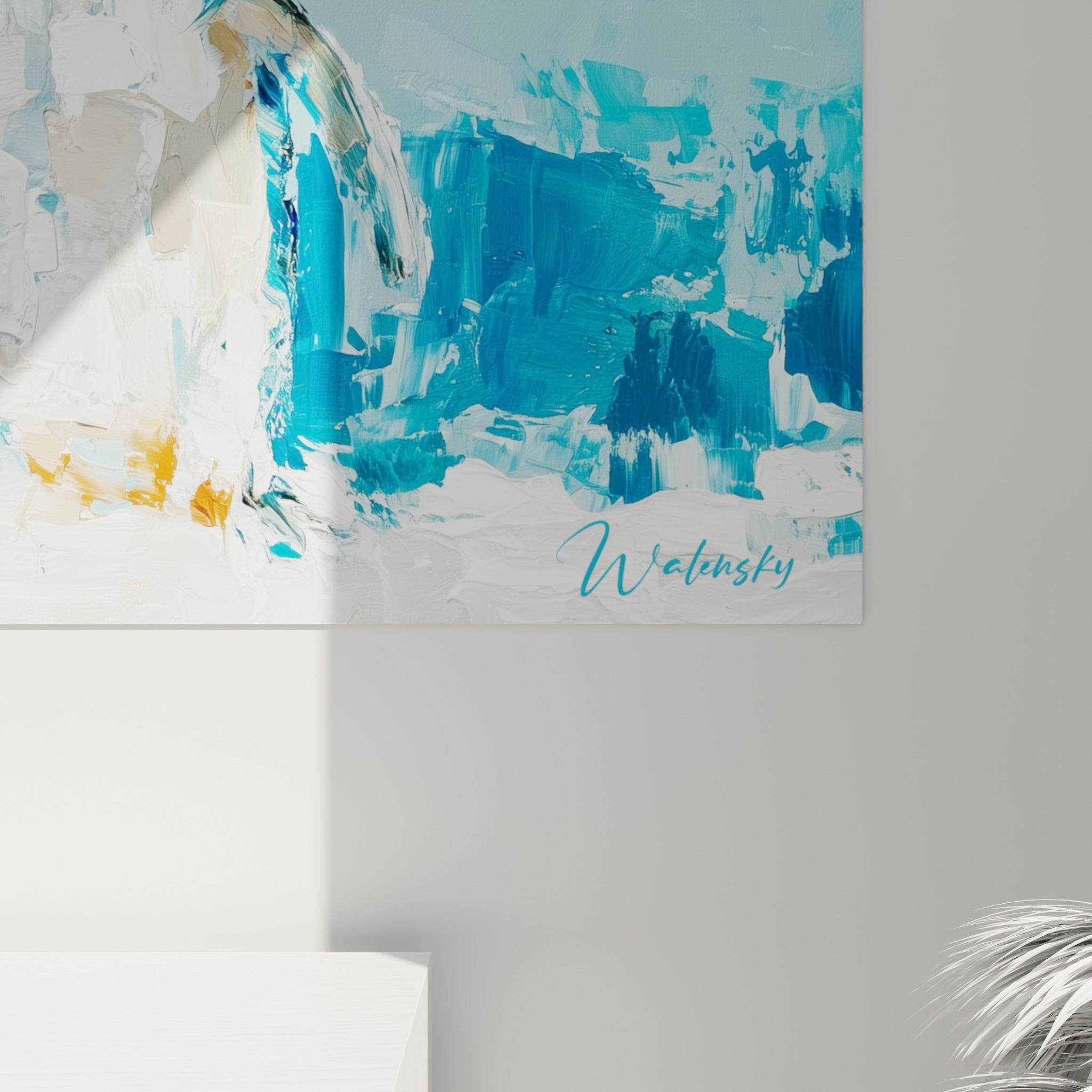 Empâtements de peinture bleu turquoise et blanc cassé révélant le grain texturé de la toile pingouin