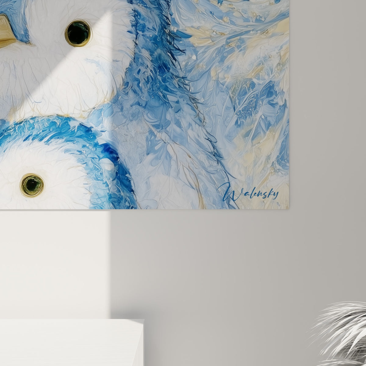 Détail des empâtements bleu marine et dorés sur les plumes duveteuses de la nichée de pingouins