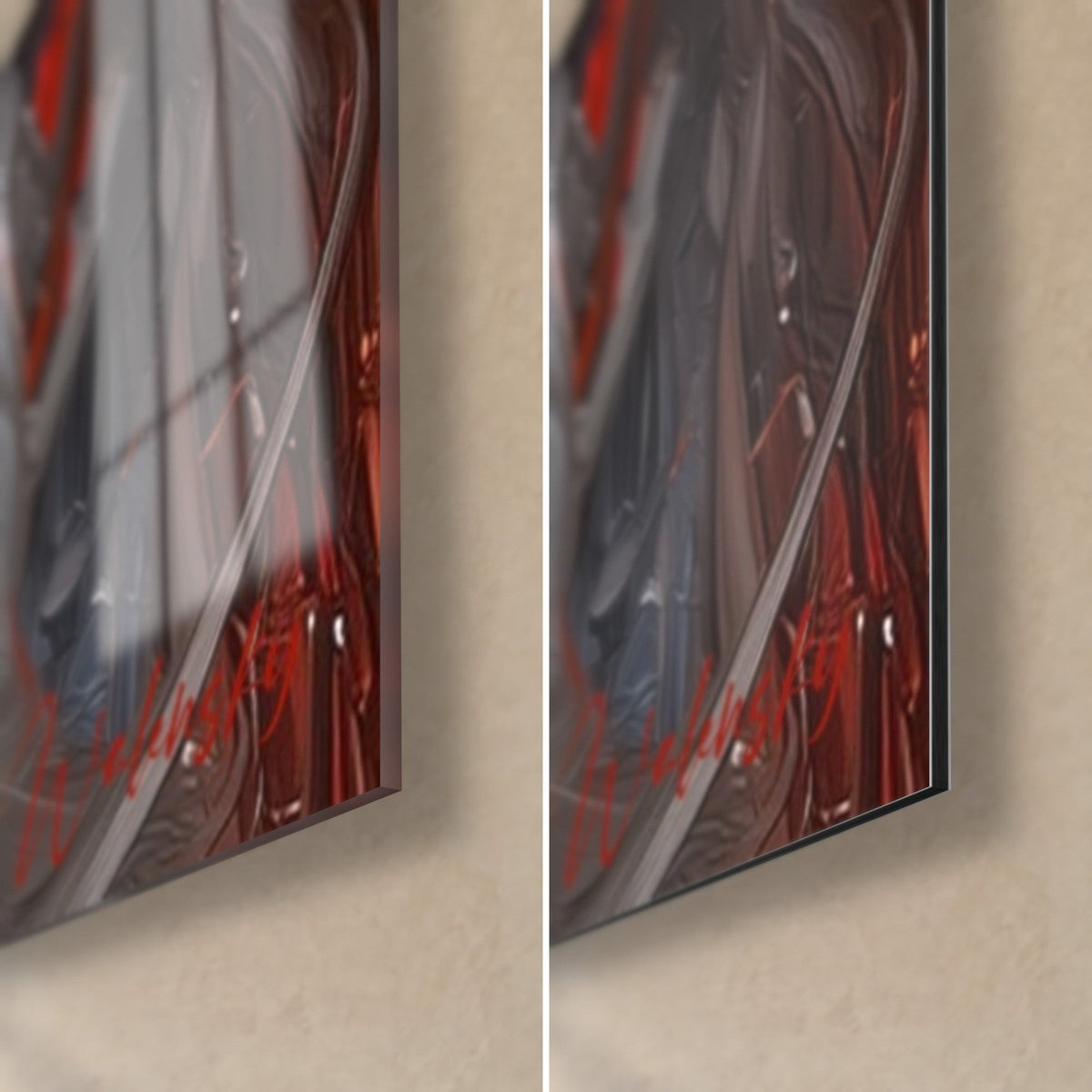 Wall art penguin in thick red and grey paint, bottom right corner, glossy acrylic glass on the left, matte black Dibond on the right