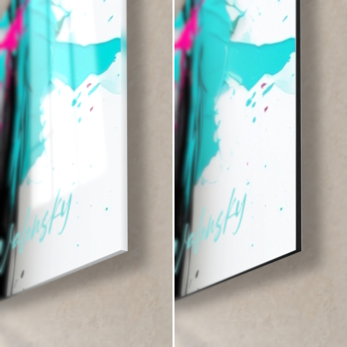 Wall art three black and white chicks, bottom right corner: glossy acrylic glass reflecting, matt white and turquoise Dibond aluminium, black edge