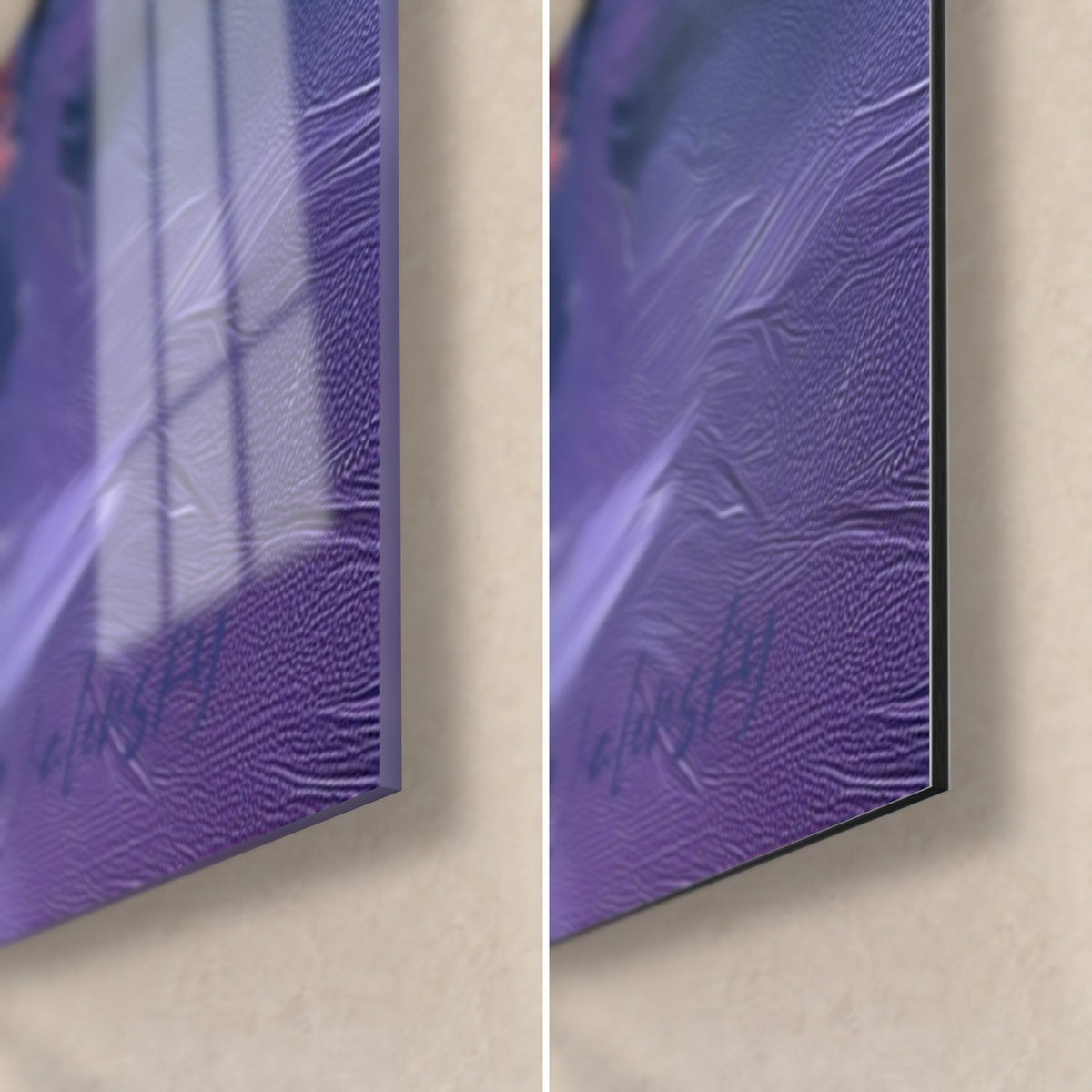 Tableau oiseau polaire à lunettes noires, coin bas droit violet, verre acrylique brillant et Dibond mat, tranche de 3 mm