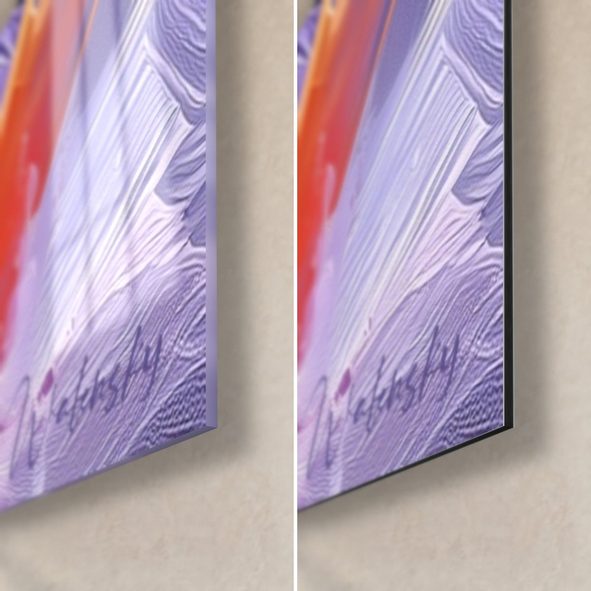 Tableau manchot au plumage lavande, coin bas droit en verre acrylique brillant à gauche et alu Dibond mat à droite, tranche de 3 mm