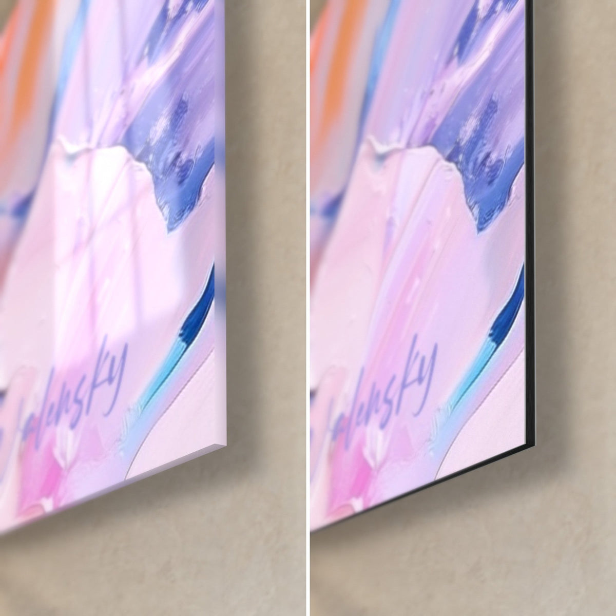 Tableau oisillon pingouin aux touches de lilas et de rose poudré, coin bas droit : verre brillant à gauche, alu Dibond mat à droite