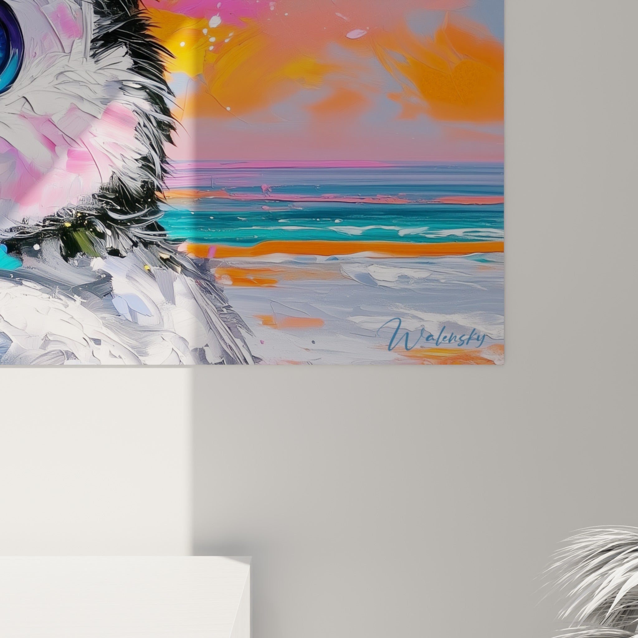 Empâtements épais et coulures de peinture grise et bleue formant les yeux du pingouin en gros plan