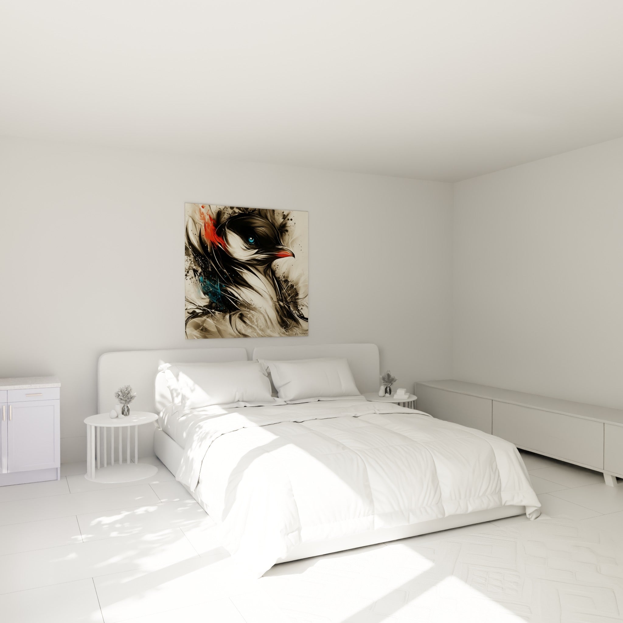 Portrait de Pingouin noir et rouge à l'effet encre, accroché au-dessus d'un lit dans une chambre claire