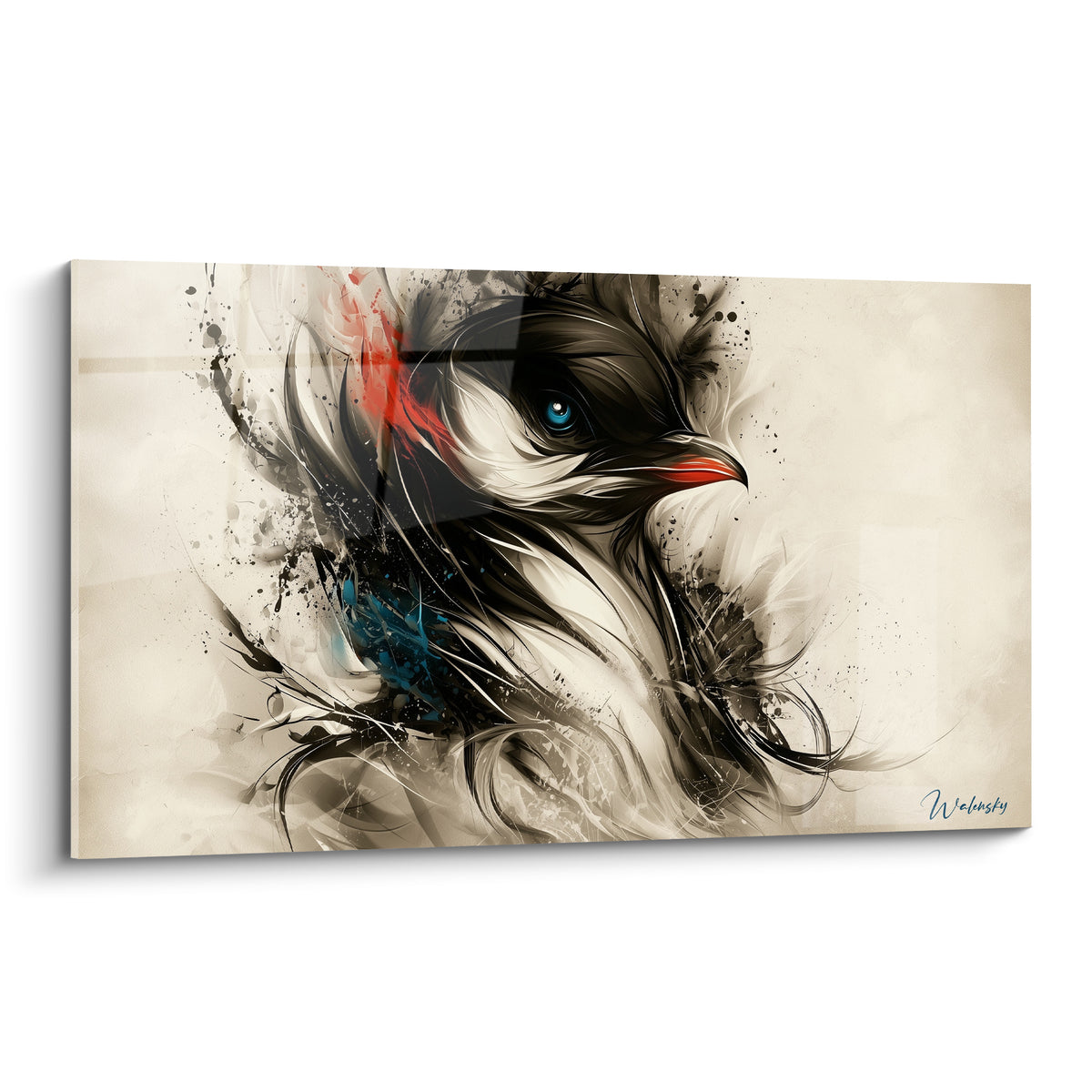 Pingouin au regard bleu turquoise, tête noire et rouge vermillon éclatée en encre sur fond ivoire