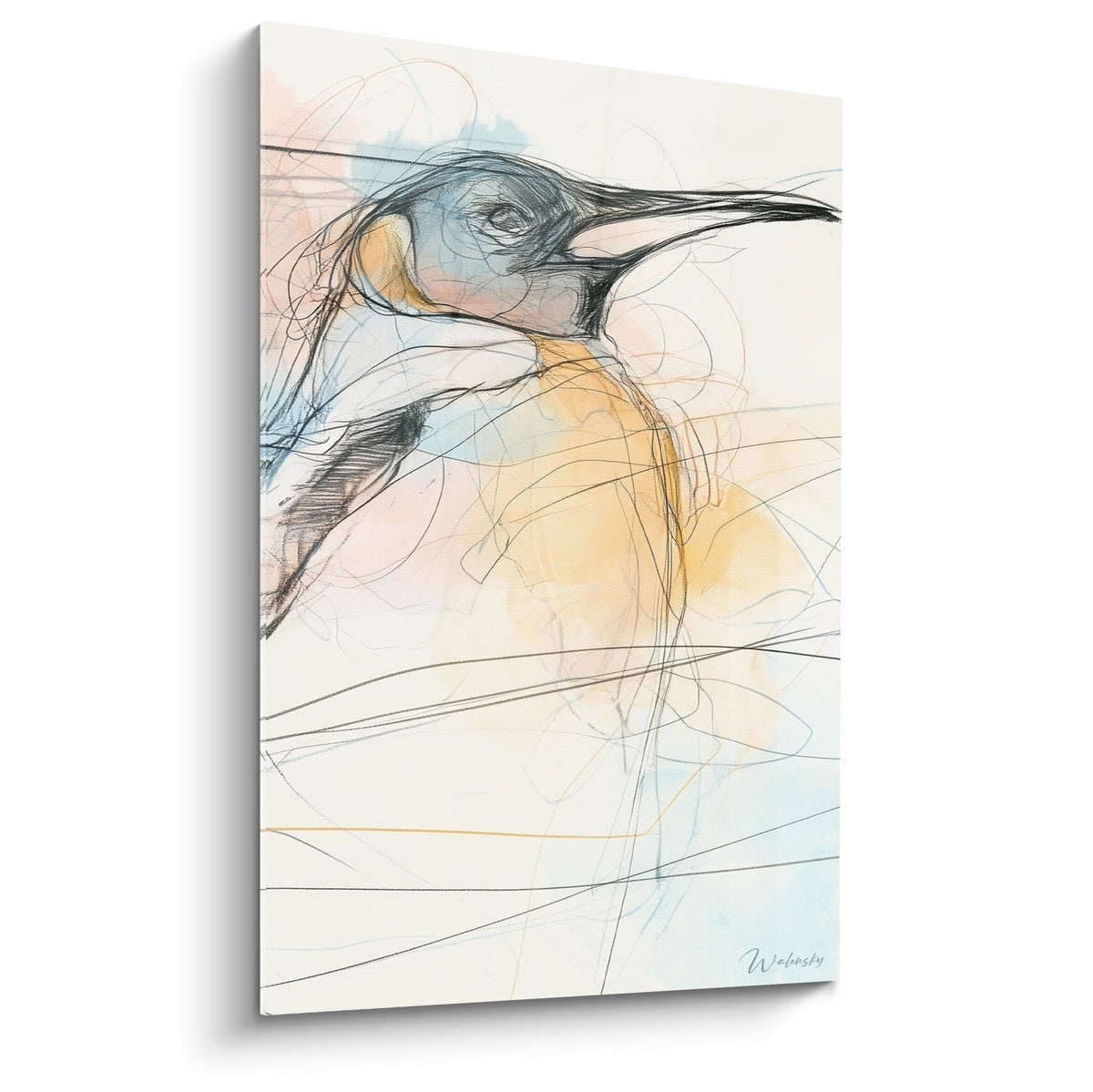 Pingouin esquissé au trait noir, poitrail jaune doré et touches bleu pastel sur fond crème