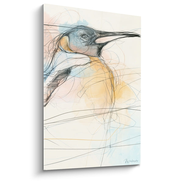 Tableau Pingouin esquissé jaune pâle et bleu aux lignes enchevêtrées - Trait au crayon - Edition Pingouin