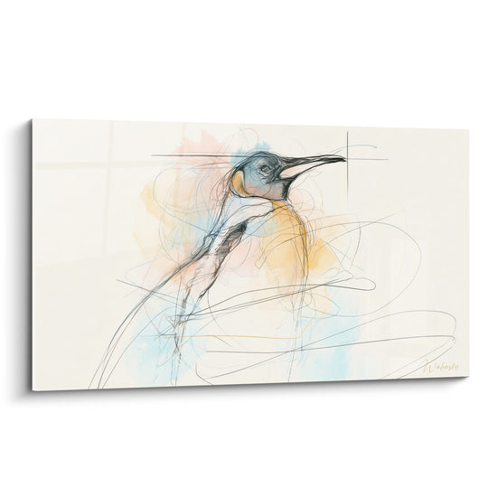 Pingouin esquissé au trait noir, touches ocre et bleu pastel sur fond blanc cassé