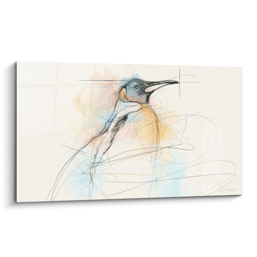Dipinto di Pinguino schizzato con tocchi ocra e blu - Schizzo in movimento - Edizione Pinguino