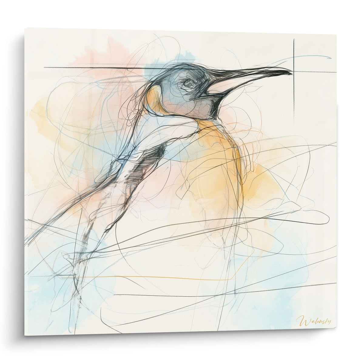 Pingouin esquissé au bec noir, buste ocre et touches bleu pastel sur fond crème lumineux