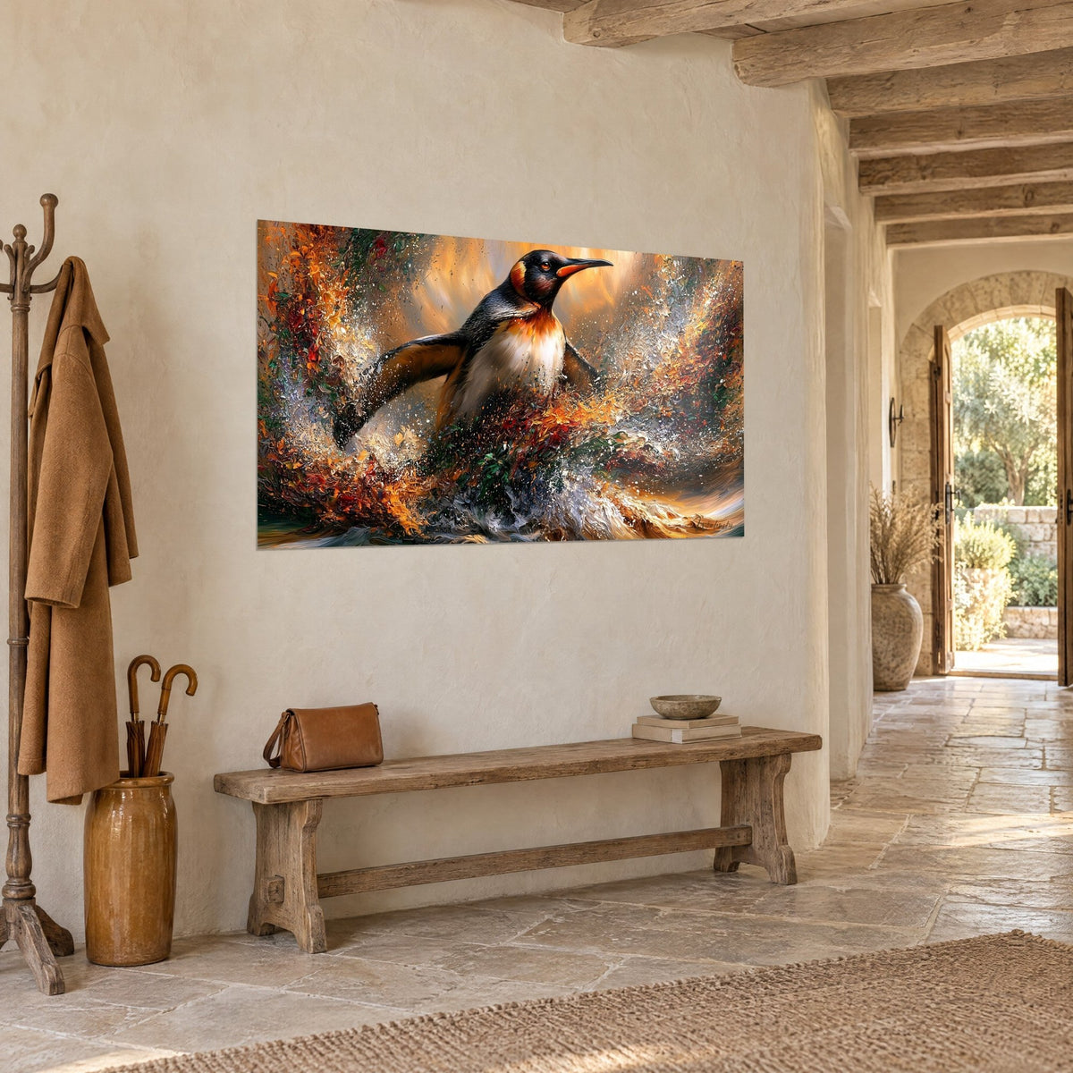Wall art seabird with cream chest and black wing, rusty spray droplets, seen three-quarter view in a stone hallway