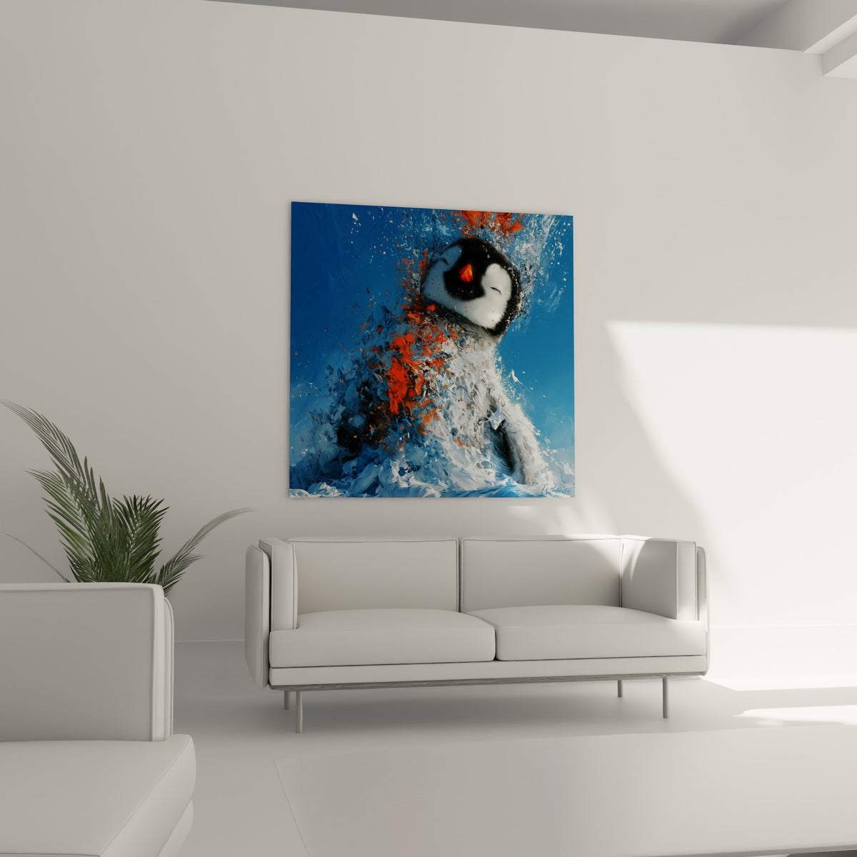 Pingouin plongé dans une explosion bleue et orangée, suspendu au-dessus d'un canapé dans un salon lumineux