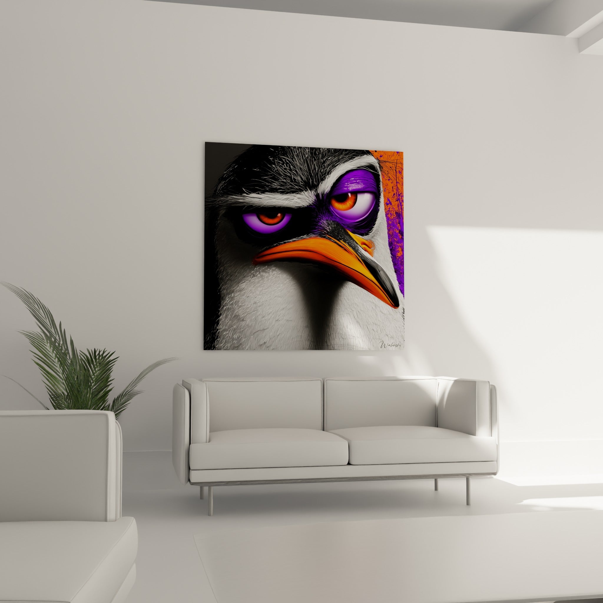 Expression déterminée du Pingouin, contrastes orange et violet, au-dessus d'un canapé dans un salon lumineux