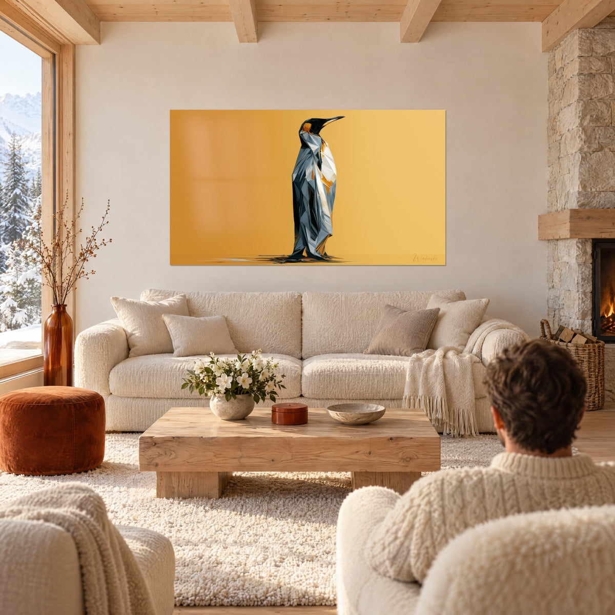 Tableau manchot royal en facettes grises et blanches sur fond ocre, personne de dos, au-dessus d'un canapé dans un salon lumineux