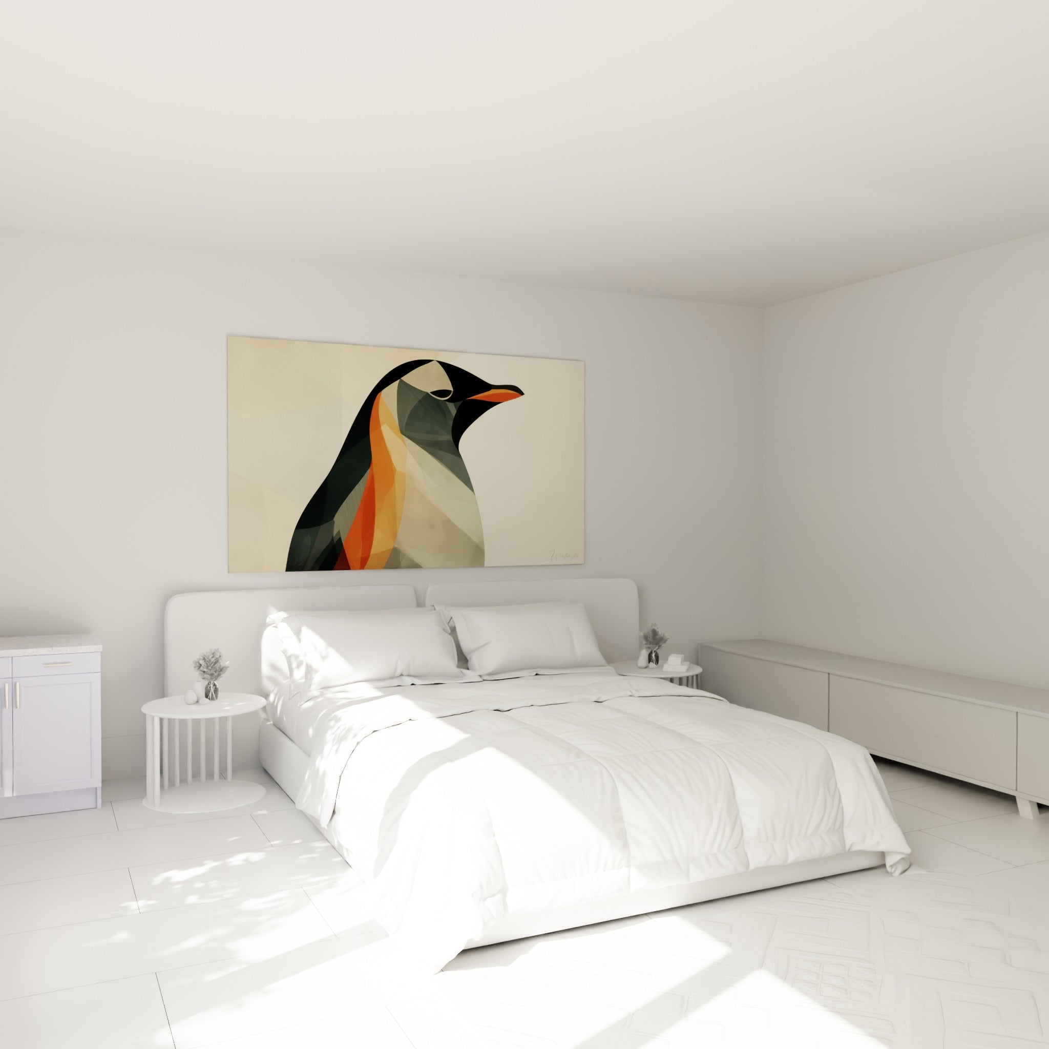 Silhouette de pingouin anthracite et orangé accrochée au-dessus d'un lit dans une chambre claire