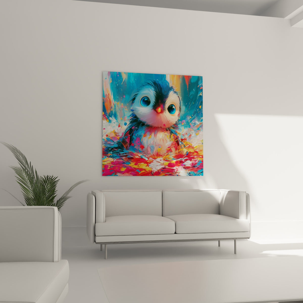 Petit Pingouin turquoise et doré au regard attendrissant, au-dessus d'un canapé dans un salon lumineux