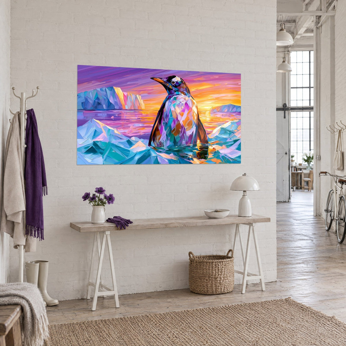 Schilderij pinguïn in profiel, lila en amberkleurig verenkleed, gletsjerblauwe ijsbergen onder een roze lucht, driekwartzicht, kunstenaarsloft