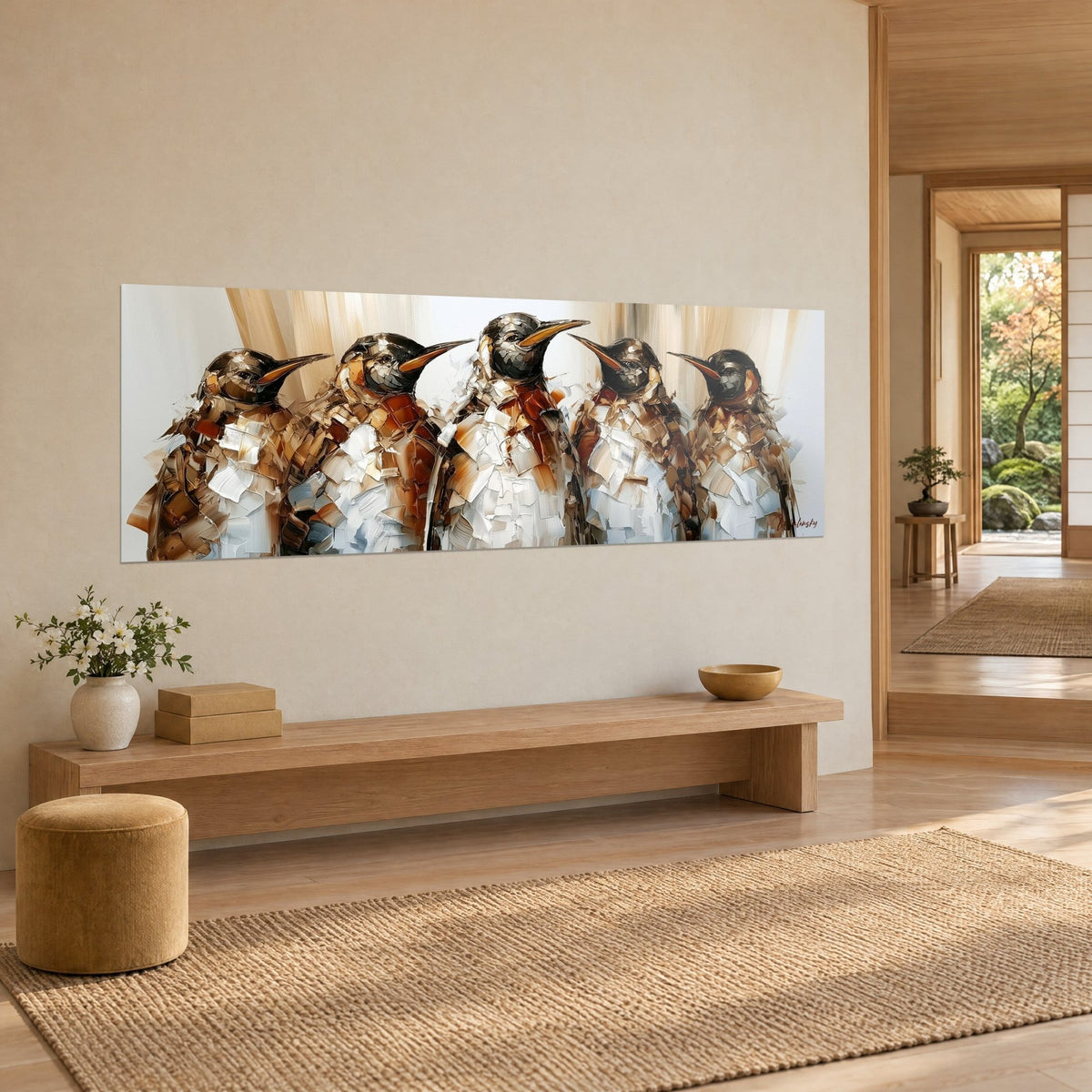 Quadro fila di pinguini in conversazione, spatola marrone ramato e bianco, vista di tre quarti in un soggiorno japandi