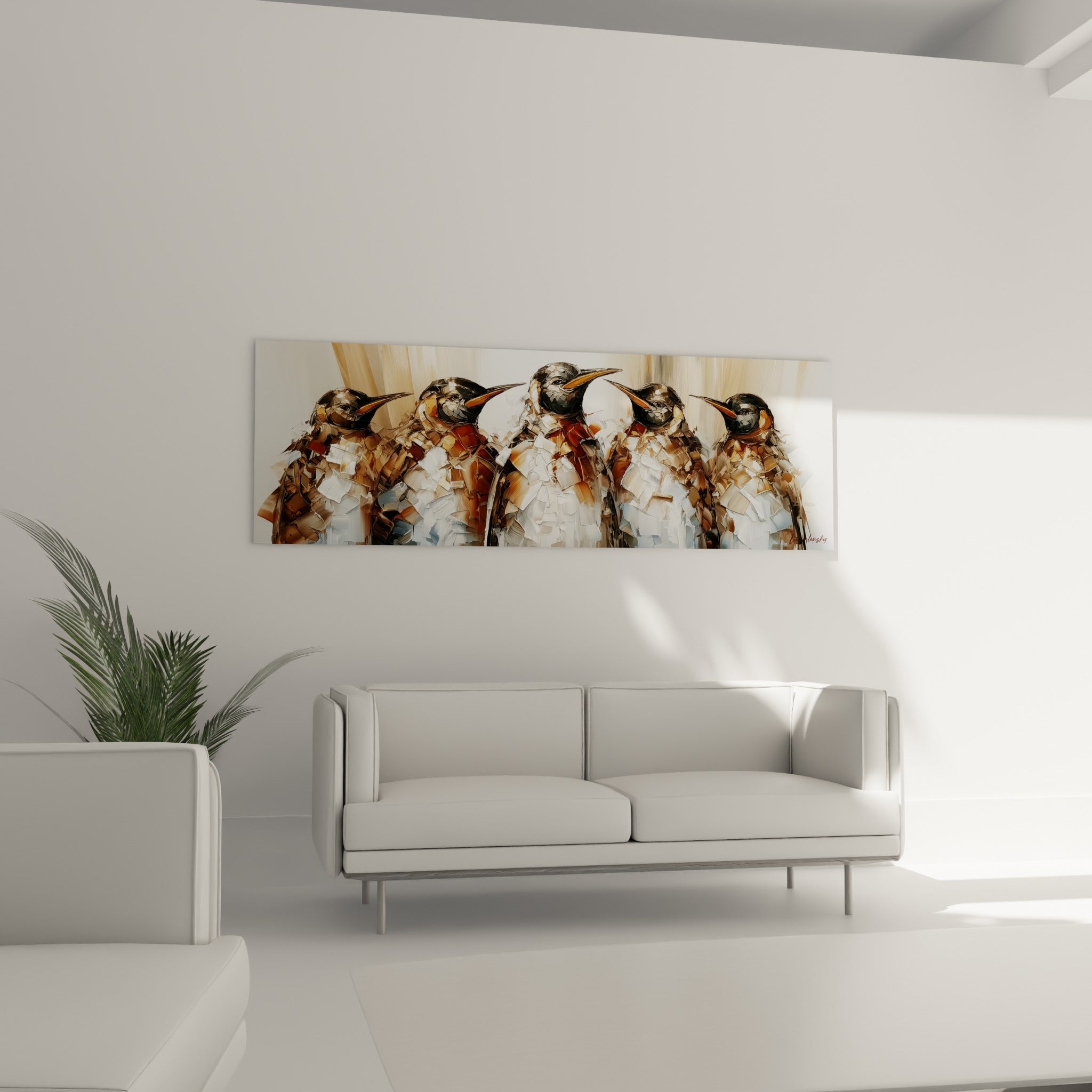 Groupe de pingouins fauves et blancs, empâtements épais, au-dessus d'un canapé dans un salon lumineux