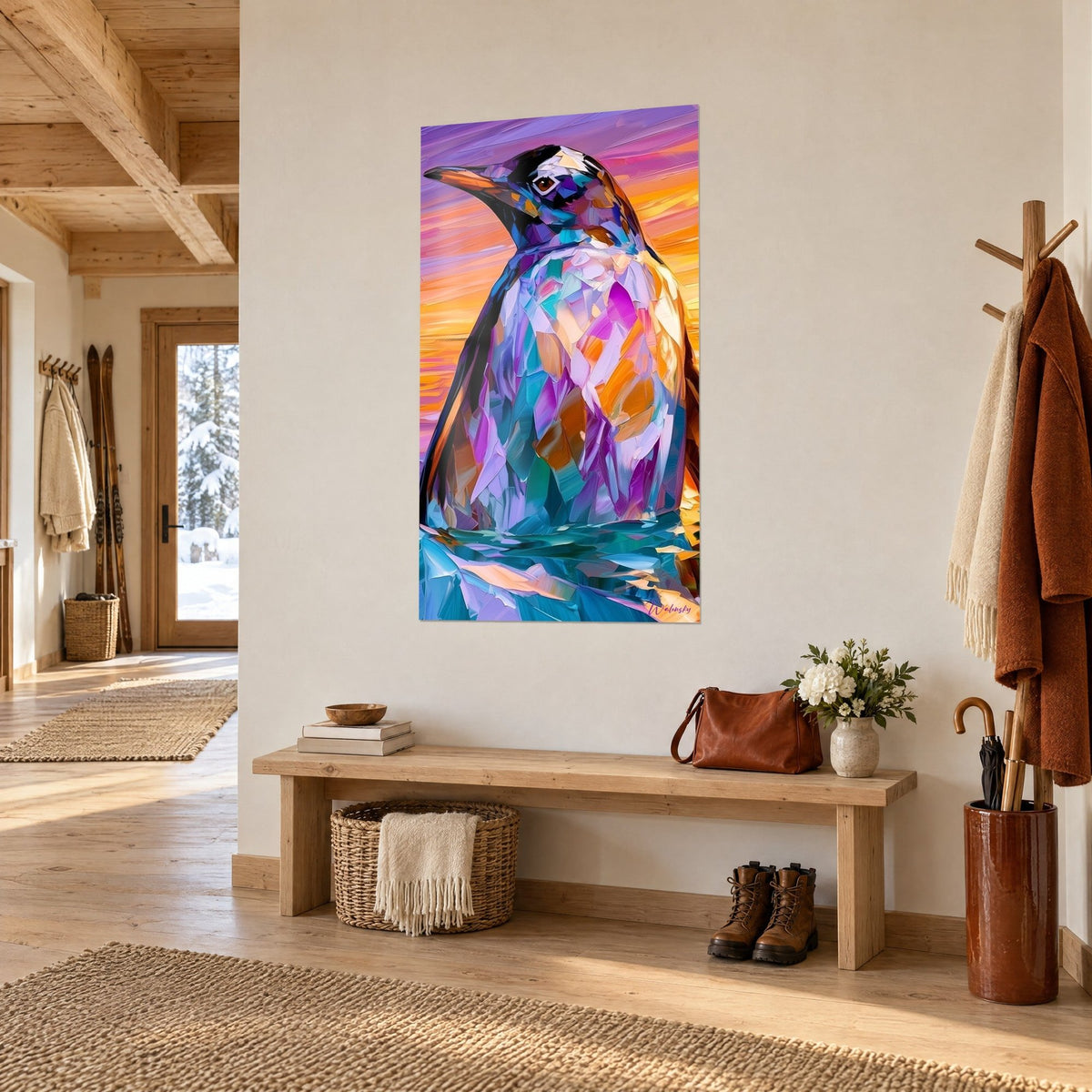 Tableau manchot au poitrail cristallin mauve et turquoise sur ciel orange, au-dessus d'un banc en bois dans l'entrée du chalet