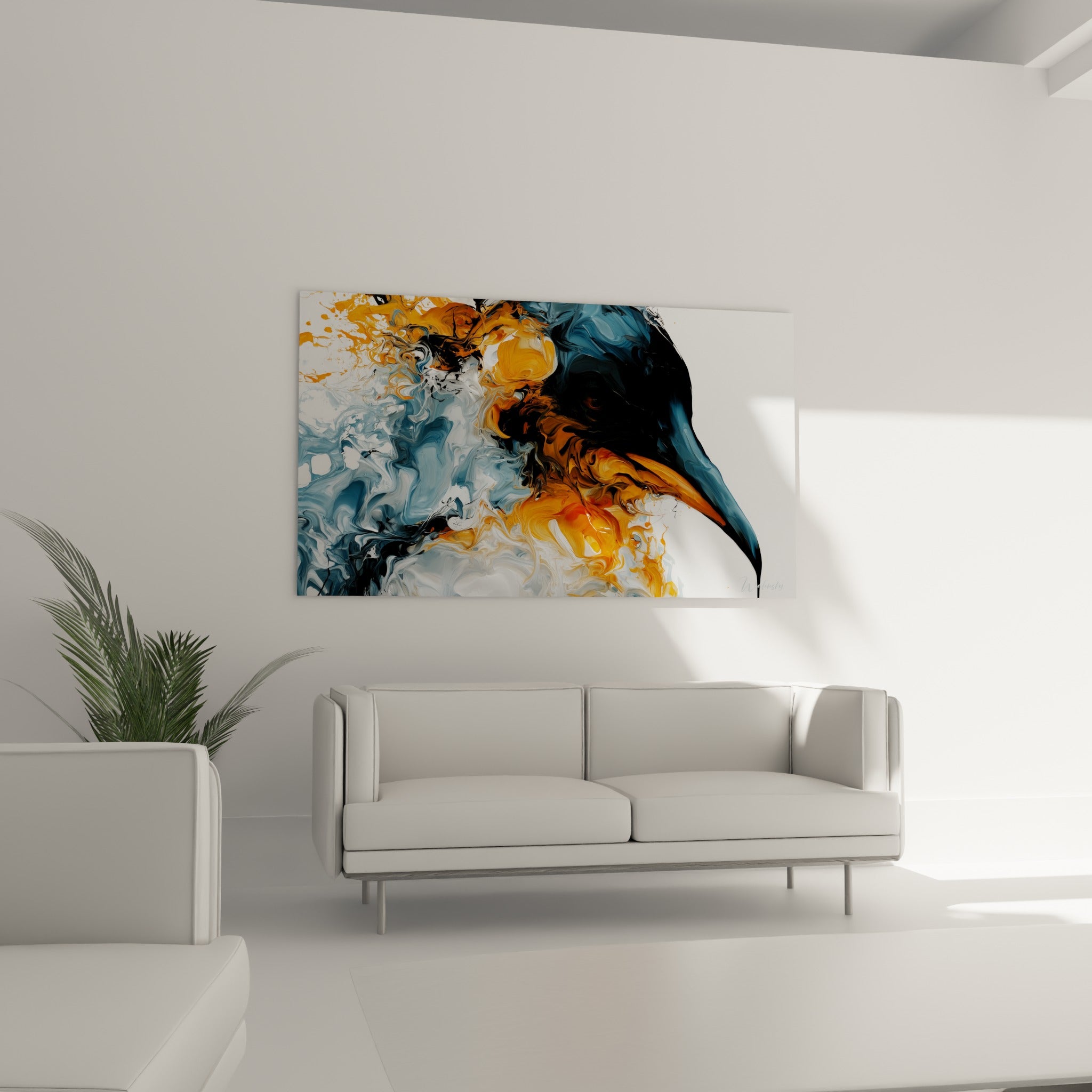 Silhouette noire et orange du pingouin abstrait, placée au-dessus d'un canapé dans un salon lumineux