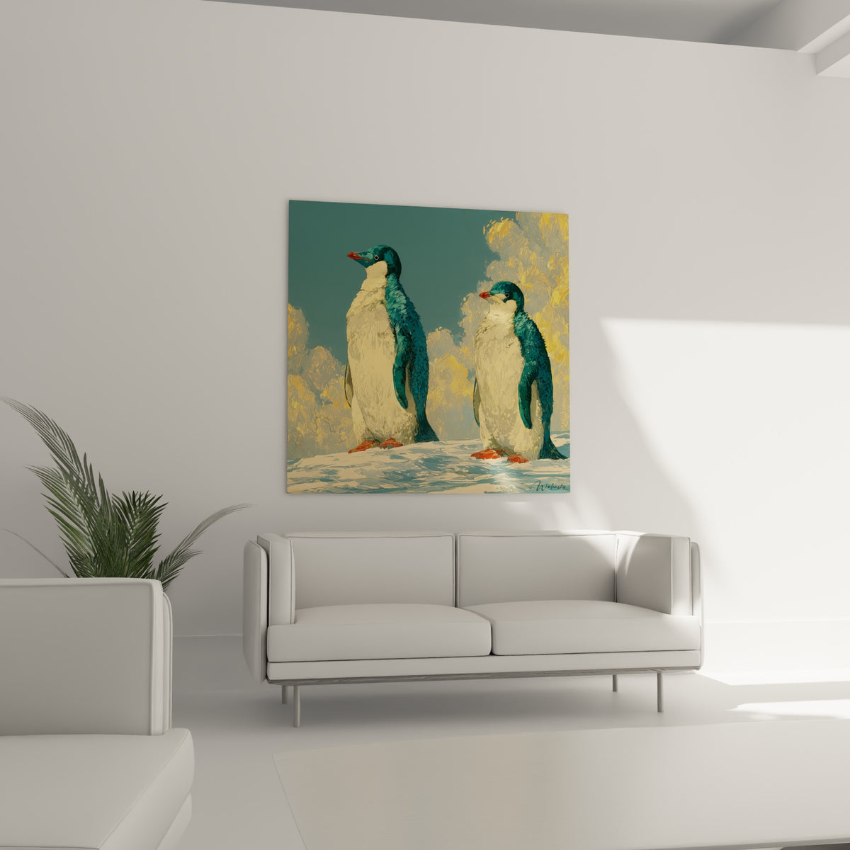 Duo de pingouins bleu profond et jaune doré, pattes orangées, au-dessus d'un canapé dans un salon lumineux