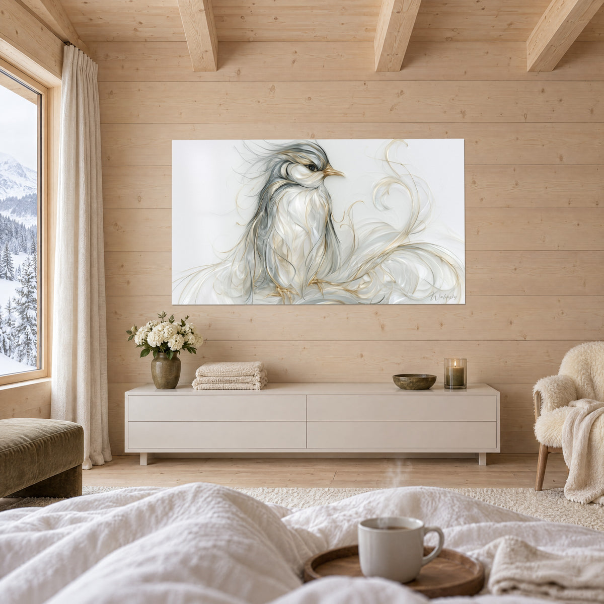 Tableau volatile aux volutes de soie blanches et dorées, œil noir perçant, deux personnes de dos, au-dessus d'un lit dans une chambre claire
