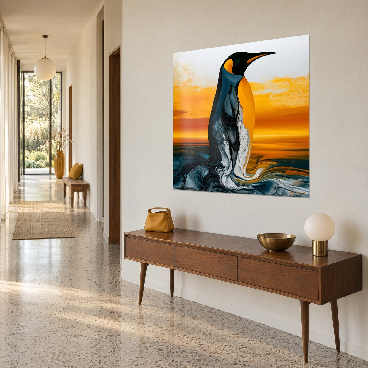 Gemälde Polarvogel mit orangefarbenem Brustgefieder, spitzem schwarzem Schnabel und blassgrauem Himmel, schräg von vorn gesehen über einem Holzsideboard in einem Flur