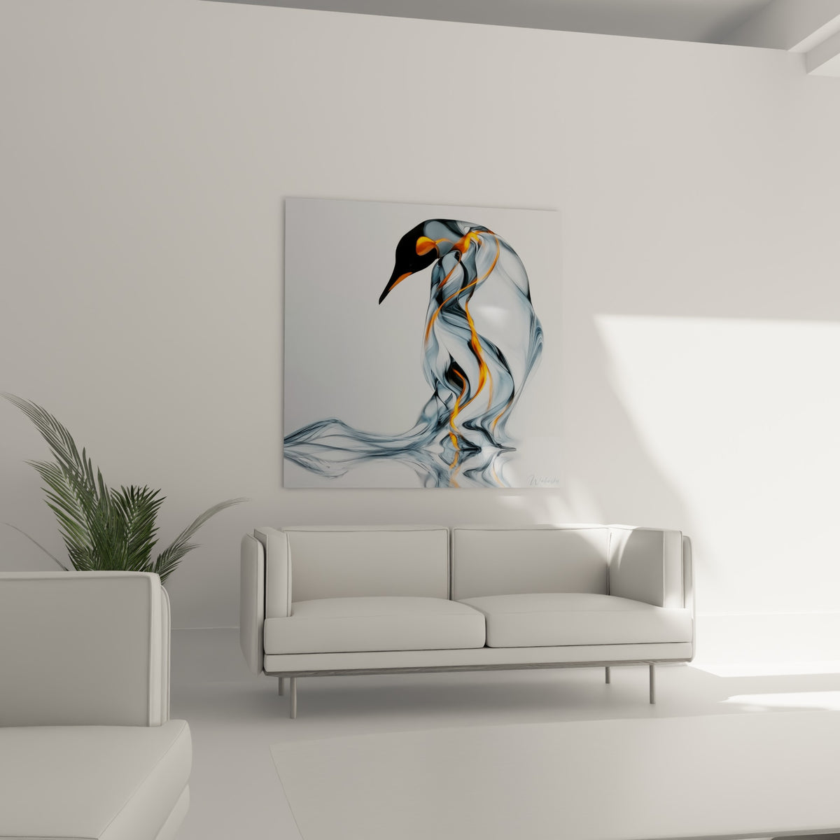 Pingouin stylisé aux traînées dorées et noires fluides, disposé au-dessus d'un canapé dans un salon lumineux