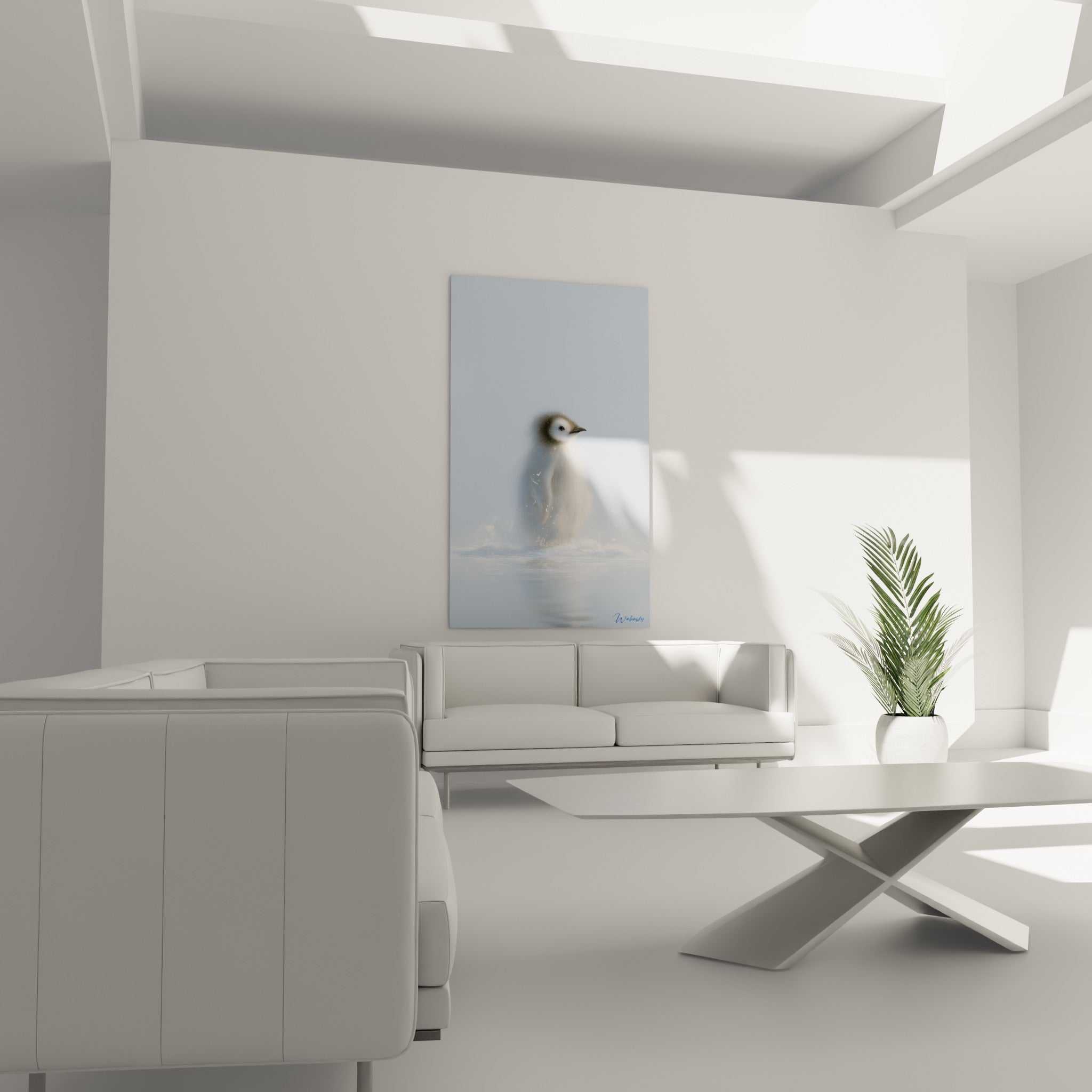 Manchot blanc sur fond bleu glacé accroché au-dessus d'un canapé dans un salon lumineux
