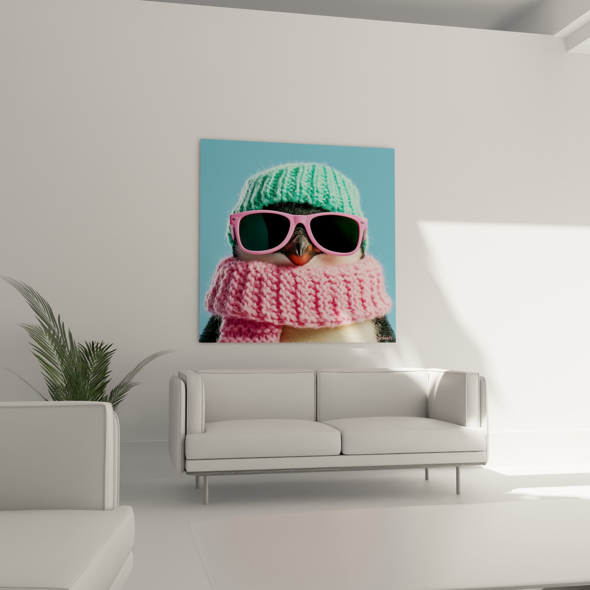 Lunettes roses et bec orangé du pingouin surplombent un canapé dans un salon lumineux