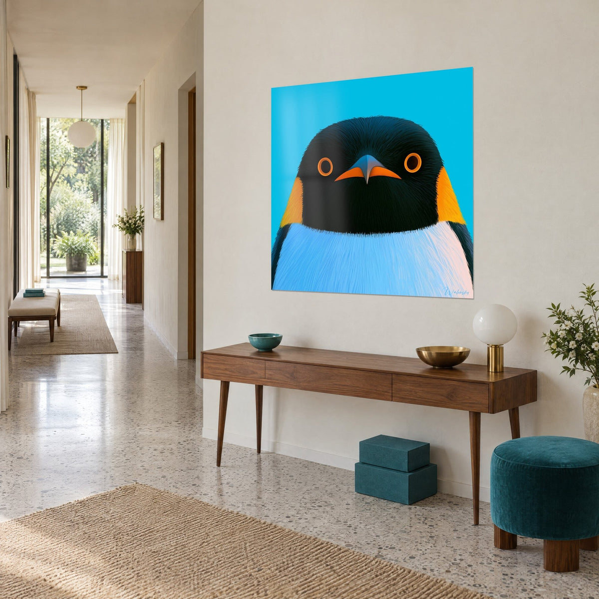 Quadro di un pinguino di fronte con piumaggio nero e petto azzurro cielo, guance giallo zafferano su sfondo ciano, visto di tre quarti in un corridoio