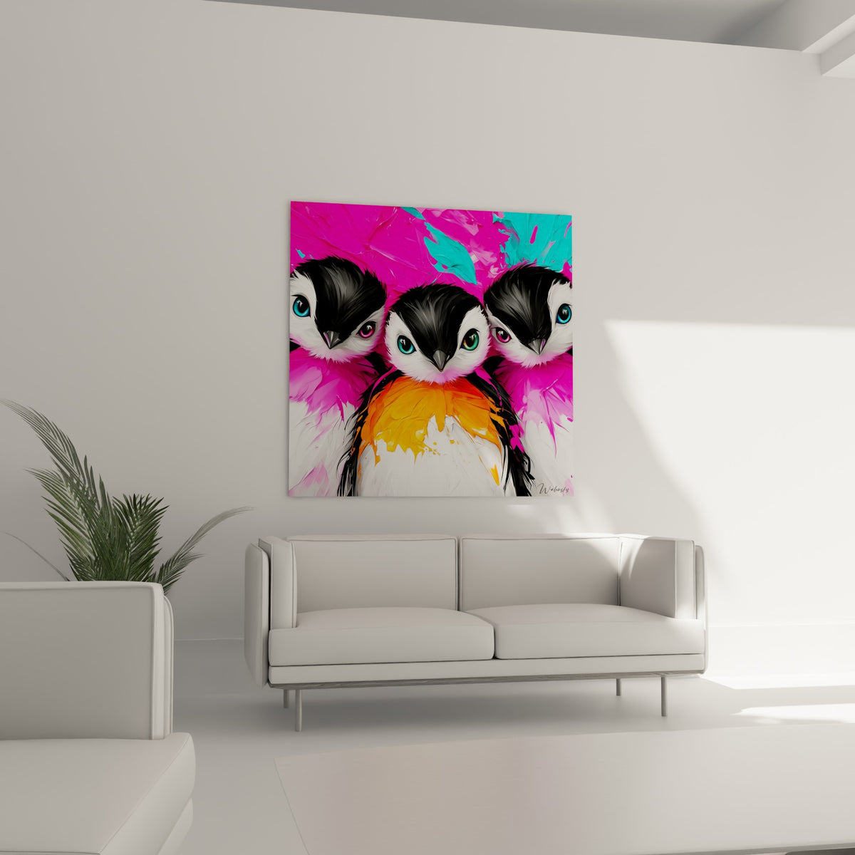 Trio de pingouins yeux multicolores et fond rose vif, au-dessus d'un canapé dans un salon lumineux