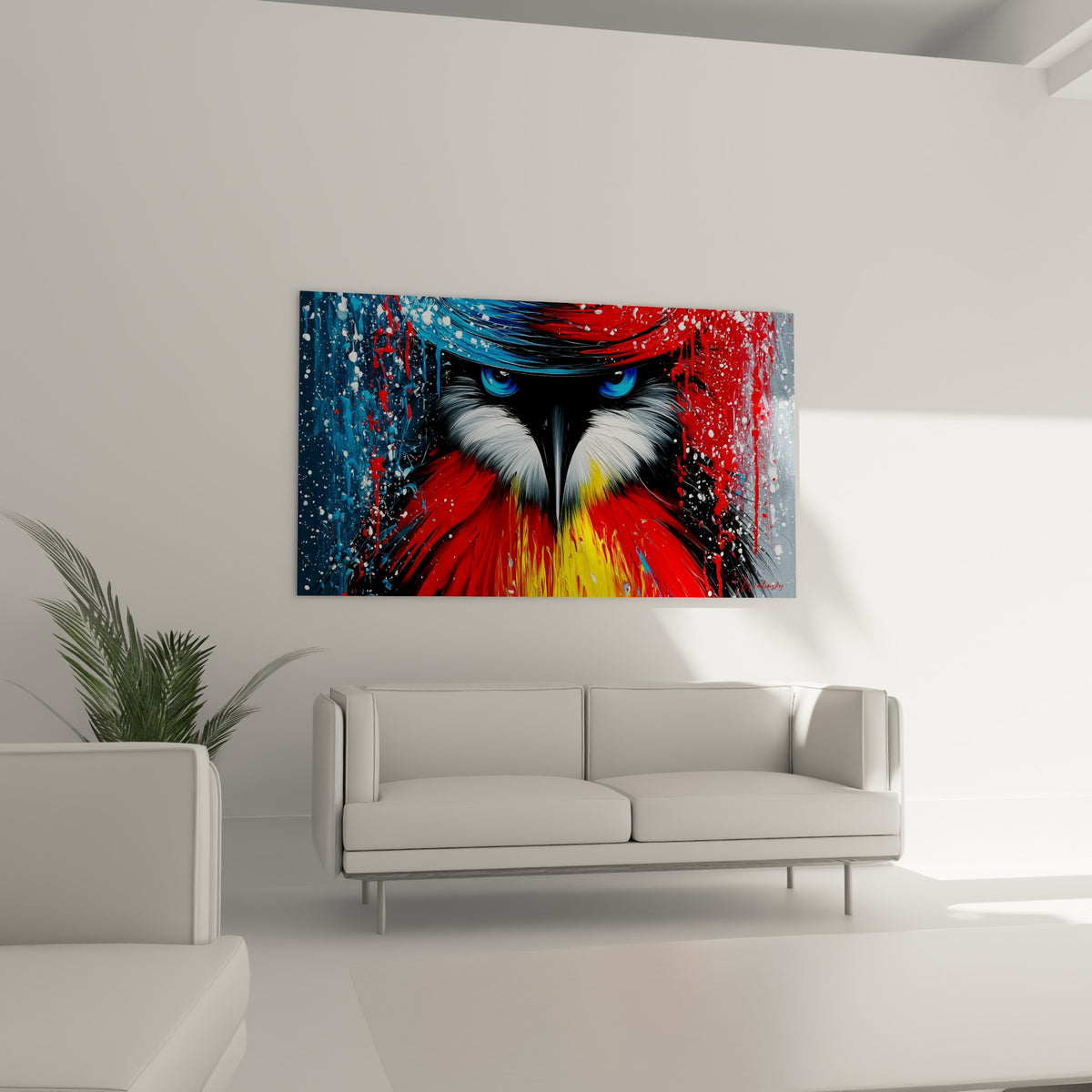 Plumage rouge et jaune du pingouin stylisé, accroché au-dessus d'un canapé dans un salon lumineux.