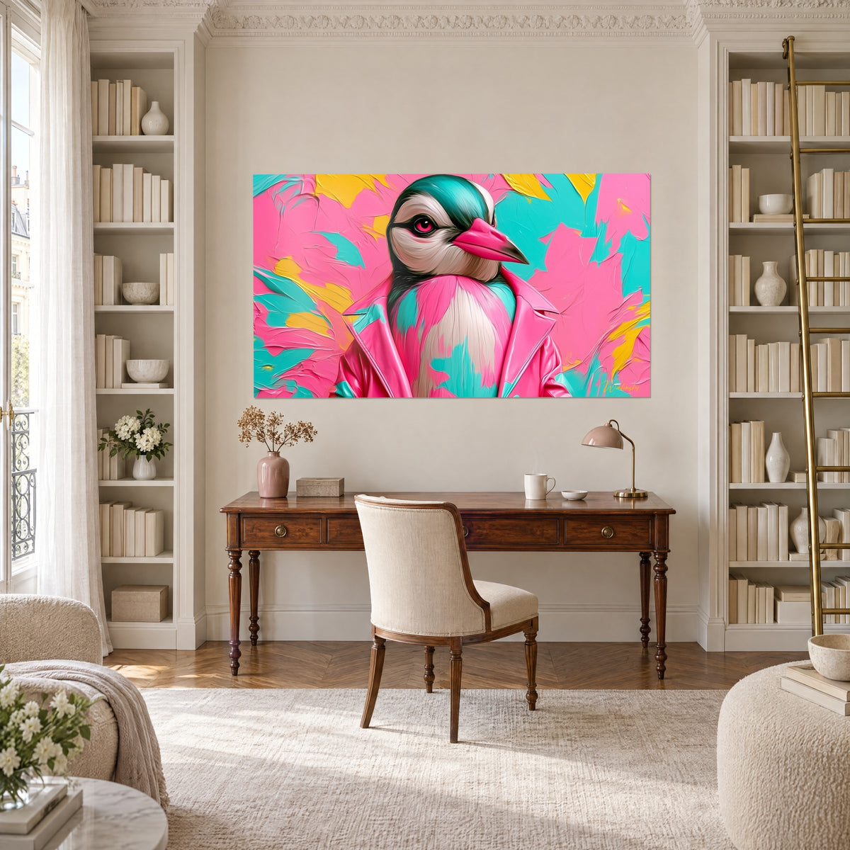 Tableau portrait d'oiseau chic, tête verte et blanche, bec rose, veste rose brillante, fond turquoise, bureau et bibliothèques