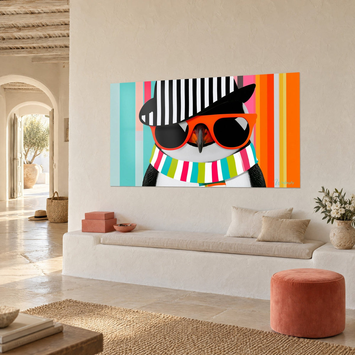 Schilderij verkleed poolvogeltje, grijze snavel, roodoranje bril, achtergrond met turquoise en oranje strepen, driekwart aanzicht op een crèmekleurige muur