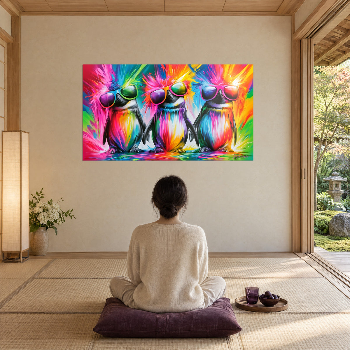 Tableau trois oiseaux marins arc-en-ciel, fond vert et magenta éclaboussé, face à une femme de dos assise sur un coussin