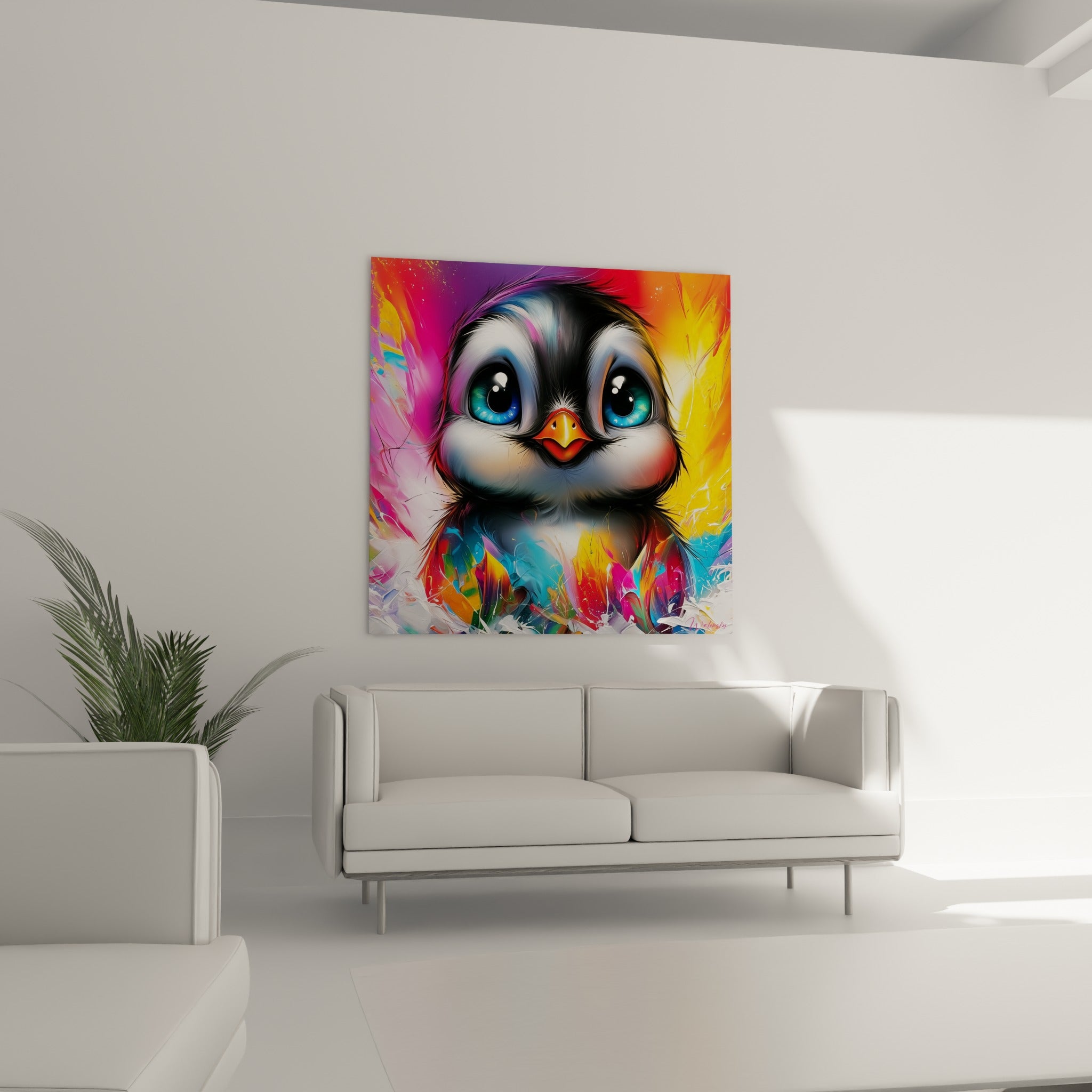 Pingouin coloré au regard turquoise et fond violet flamboyant, suspendu au-dessus d'un canapé dans un salon lumineux