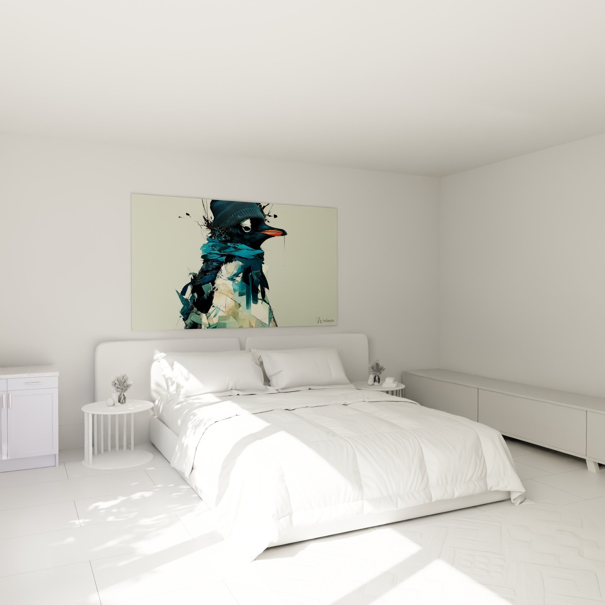 Silhouette de pingouin fragmentée en bleu pétrole et crème, accrochée au-dessus d'un lit dans une chambre claire