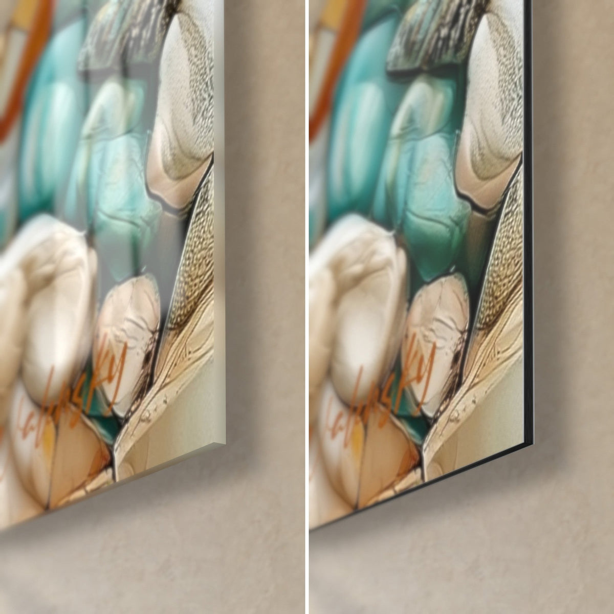Tableau pingouin aux éclats turquoise et ivoire, coin bas droit : verre acrylique brillant à gauche, Dibond mat noir à droite