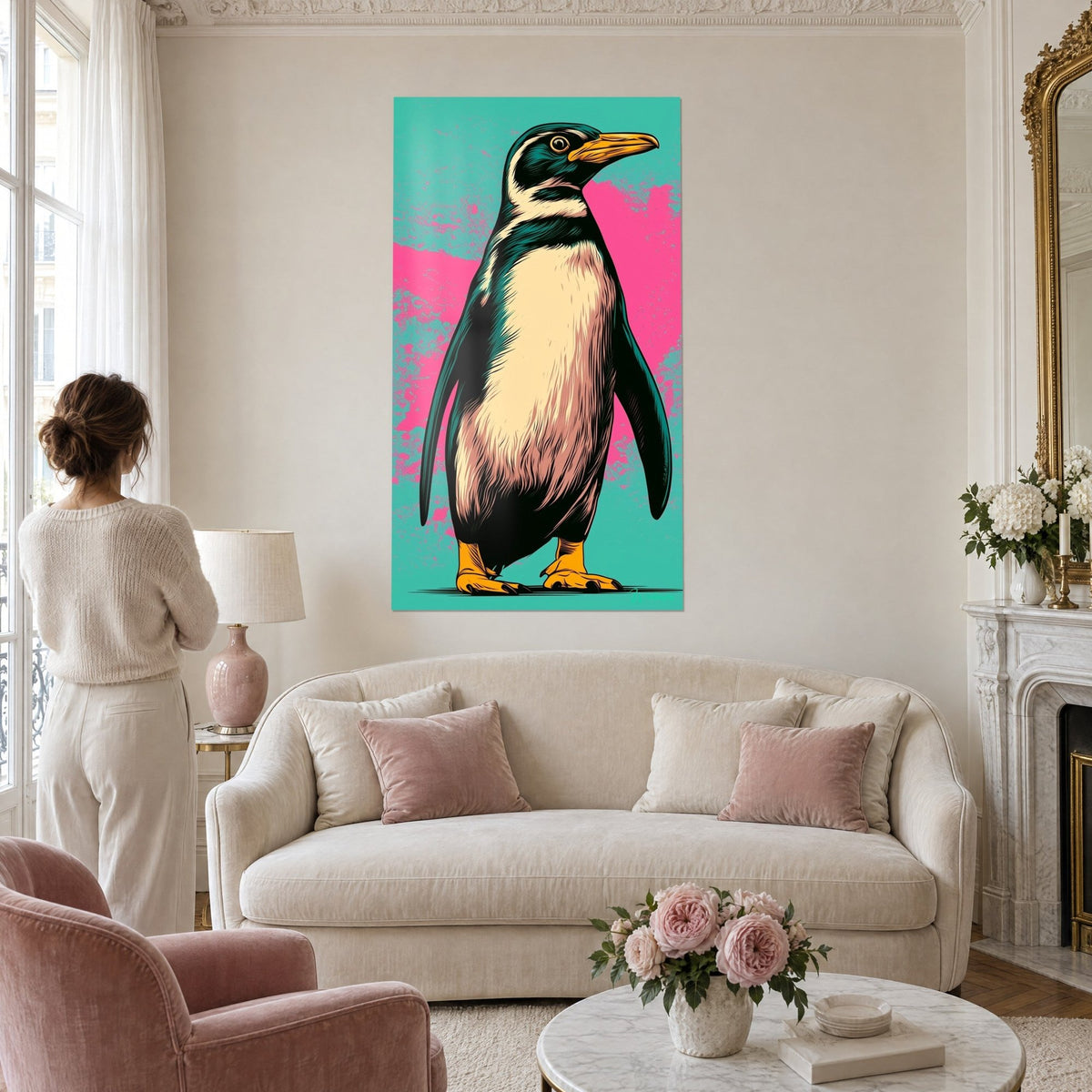 Schilderij van een pinguïn in profiel, crèmekleurige buik en dennengroene rug op een turquoise achtergrond bespat met roze, boven een bank in een lichte woonkamer