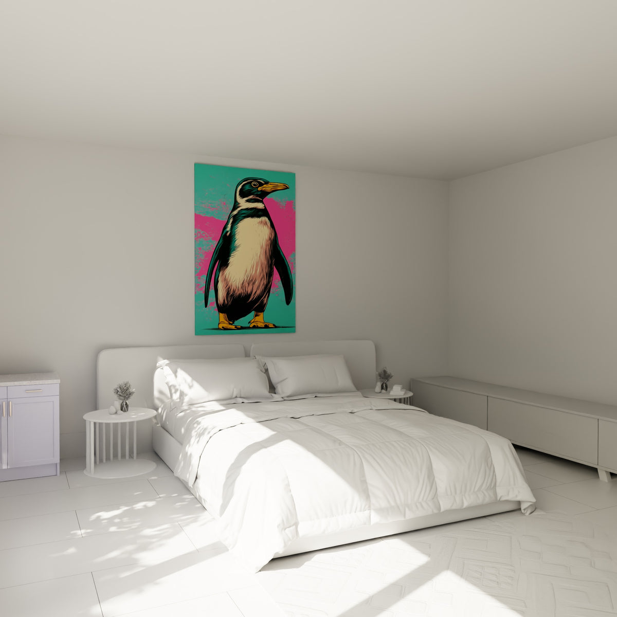 Silhouette de pingouin noir et crème sur fond turquoise et rose, accrochée au-dessus d'un lit dans une chambre claire