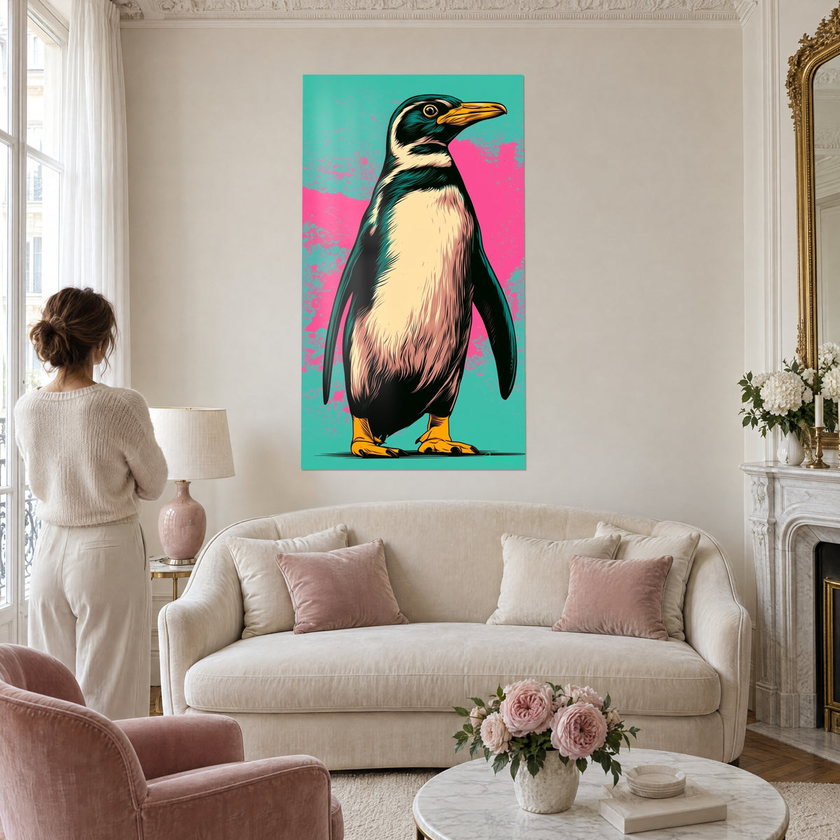 Tableau pingouin dressé de profil, ventre crème et dos vert sapin sur fond turquoise éclaboussé de rose, au-dessus d'un canapé dans un salon lumineux